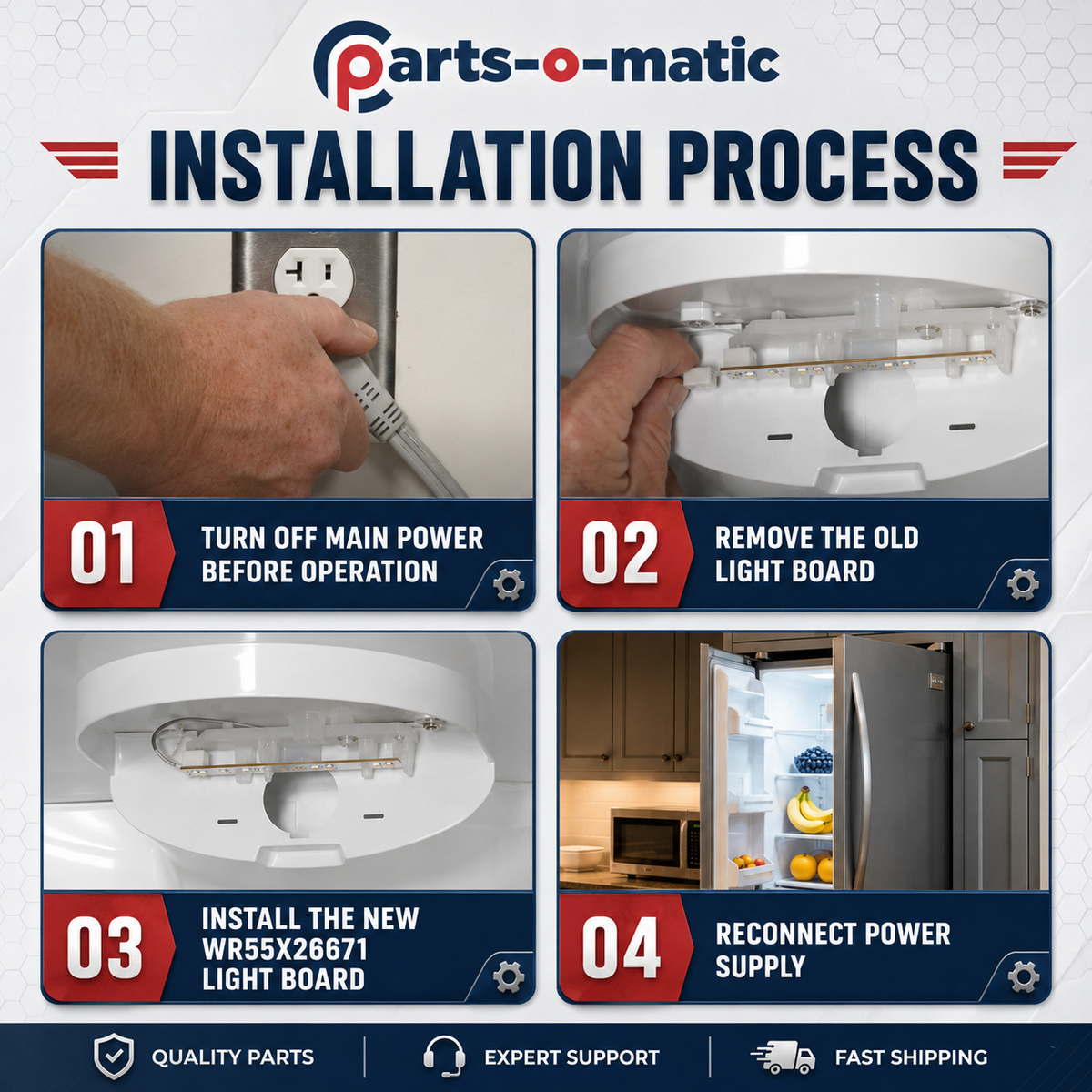 XPARTCO WR55X26671 Refrigerator LED Light Board Parts-O-Matic
