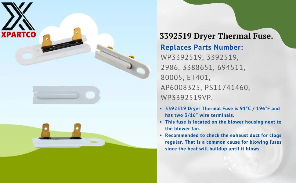 XPARTCO 3392519 Dyer Thermal Fuse Replaces WP3392519  Parts-O-Matic
