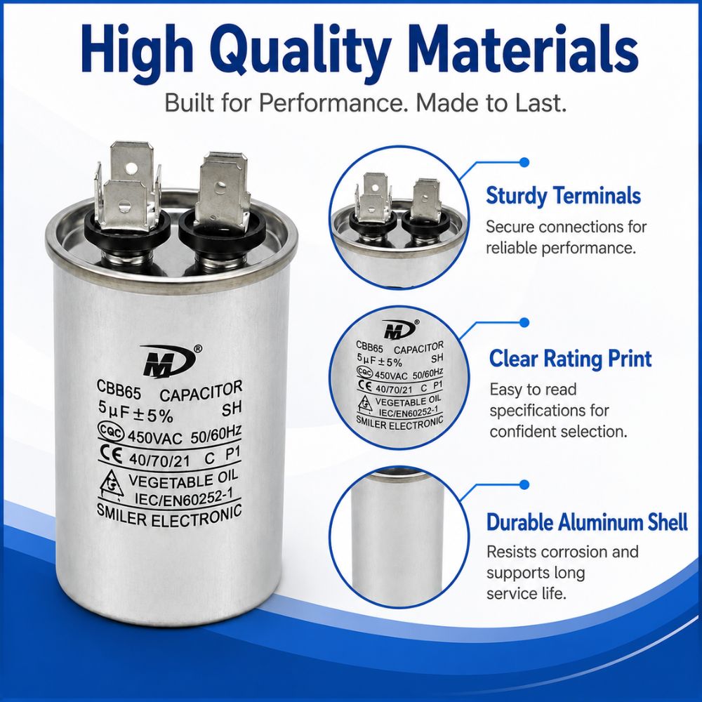 XPC5-450R 5 uF Round Run / Start Capacitor | CBB65 5 uF (MFD) 450 Volts  Parts-O-Matic