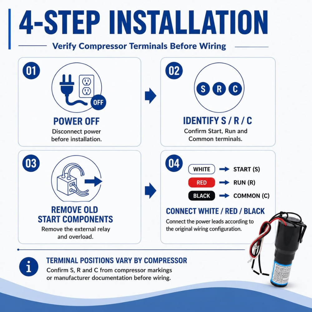 XPARTCO HS810 Refrigerator 3 in 1 Hard Start Kit 1/12 to 1/5 HP 120V