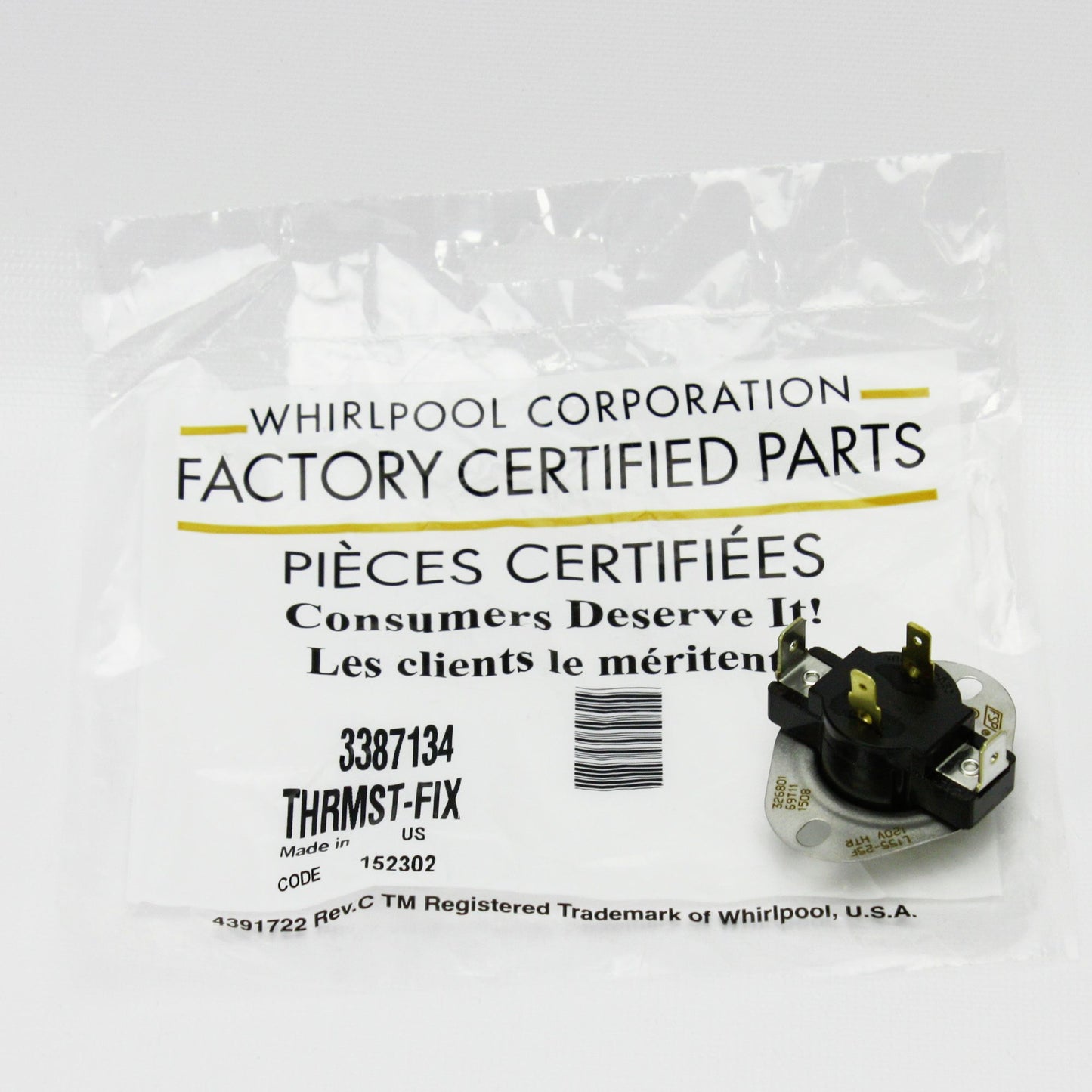 WP3387134 Genuine OEM Dryer Cycling Thermostat